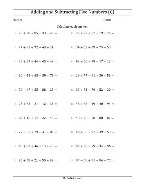 The Adding and Subtracting Five Numbers Horizontally (Range 10 to 99) (C) Math Worksheet