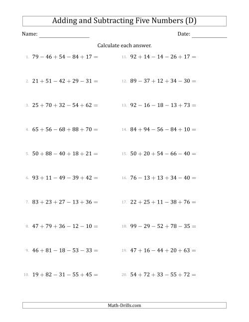 The Adding and Subtracting Five Numbers Horizontally (Range 10 to 99) (D) Math Worksheet