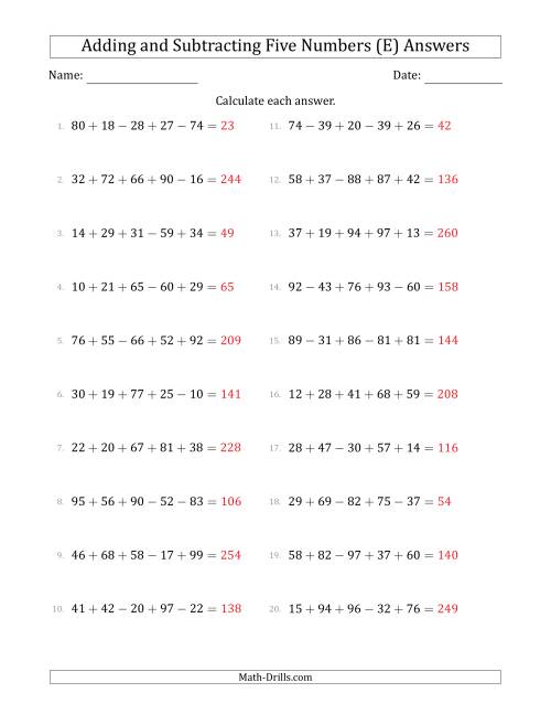 The Adding and Subtracting Five Numbers Horizontally (Range 10 to 99) (E) Math Worksheet Page 2