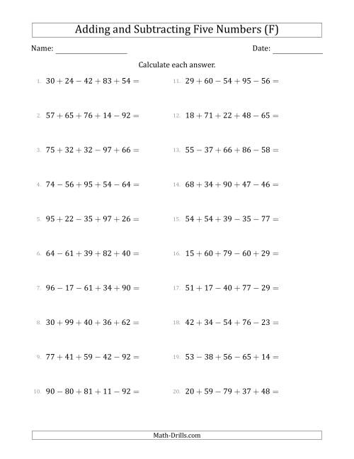 The Adding and Subtracting Five Numbers Horizontally (Range 10 to 99) (F) Math Worksheet