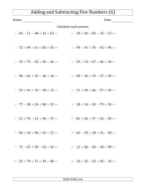 The Adding and Subtracting Five Numbers Horizontally (Range 10 to 99) (G) Math Worksheet