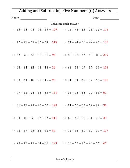 The Adding and Subtracting Five Numbers Horizontally (Range 10 to 99) (G) Math Worksheet Page 2