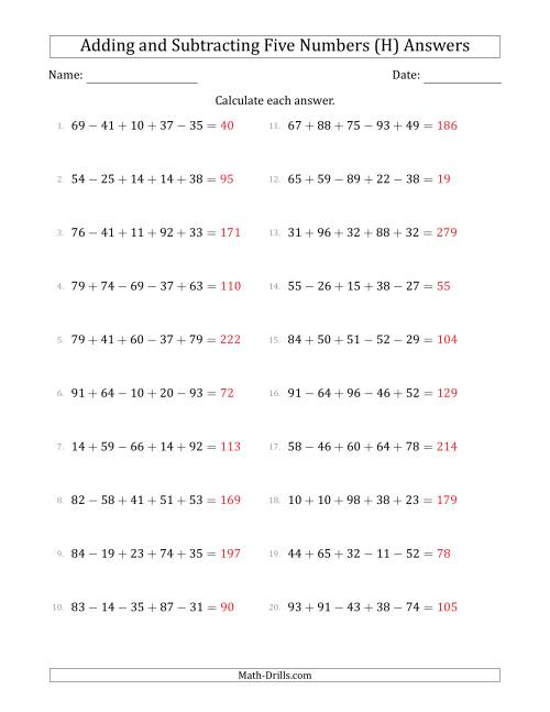 The Adding and Subtracting Five Numbers Horizontally (Range 10 to 99) (H) Math Worksheet Page 2