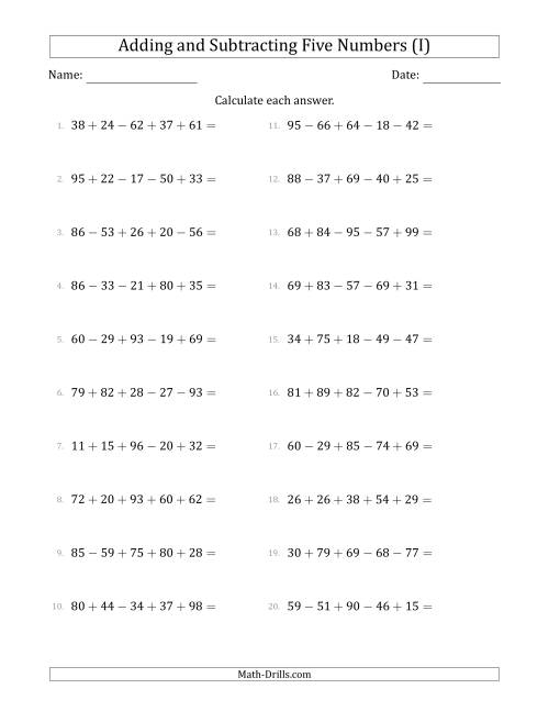 The Adding and Subtracting Five Numbers Horizontally (Range 10 to 99) (I) Math Worksheet