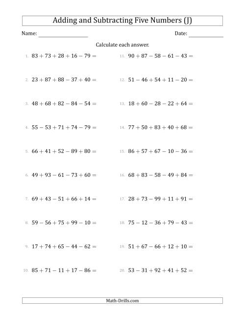 The Adding and Subtracting Five Numbers Horizontally (Range 10 to 99) (J) Math Worksheet