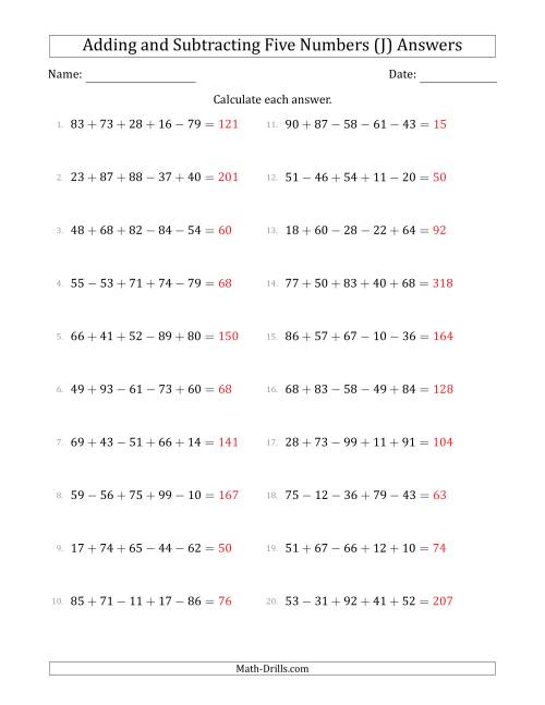 The Adding and Subtracting Five Numbers Horizontally (Range 10 to 99) (J) Math Worksheet Page 2