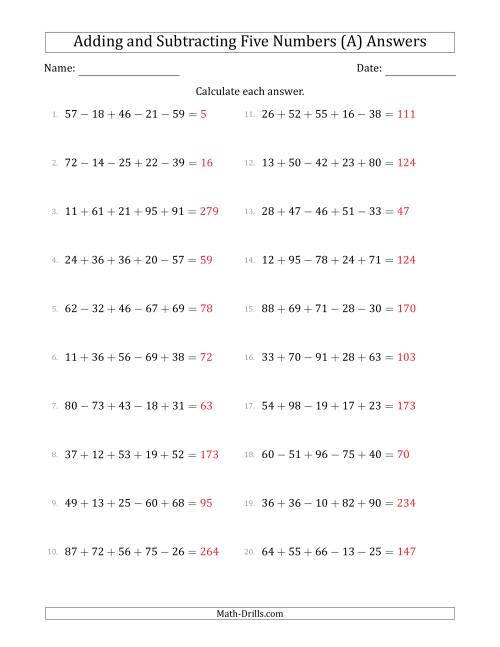 The Adding and Subtracting Five Numbers Horizontally (Range 10 to 99) (All) Math Worksheet Page 2