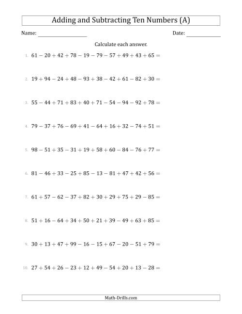 The Adding and Subtracting Ten Numbers Horizontally (Range 10 to 99) (A) Math Worksheet