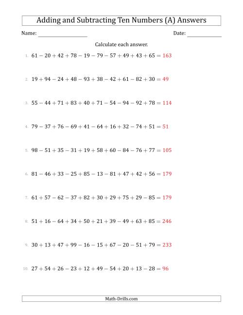 The Adding and Subtracting Ten Numbers Horizontally (Range 10 to 99) (A) Math Worksheet Page 2