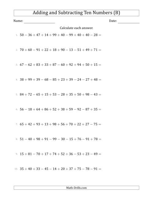 The Adding and Subtracting Ten Numbers Horizontally (Range 10 to 99) (B) Math Worksheet