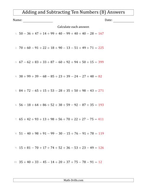 The Adding and Subtracting Ten Numbers Horizontally (Range 10 to 99) (B) Math Worksheet Page 2