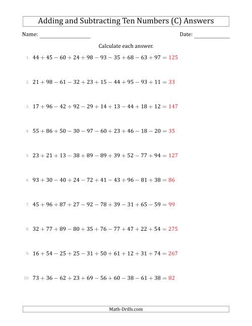 The Adding and Subtracting Ten Numbers Horizontally (Range 10 to 99) (C) Math Worksheet Page 2