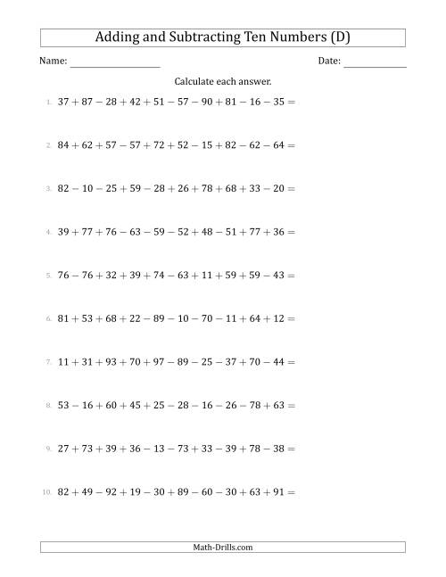 The Adding and Subtracting Ten Numbers Horizontally (Range 10 to 99) (D) Math Worksheet