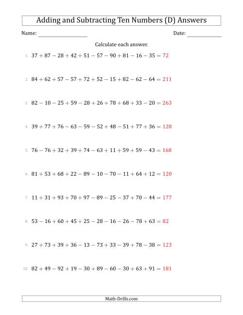 The Adding and Subtracting Ten Numbers Horizontally (Range 10 to 99) (D) Math Worksheet Page 2