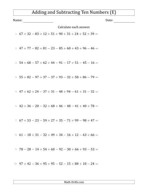 The Adding and Subtracting Ten Numbers Horizontally (Range 10 to 99) (E) Math Worksheet