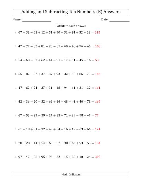 The Adding and Subtracting Ten Numbers Horizontally (Range 10 to 99) (E) Math Worksheet Page 2