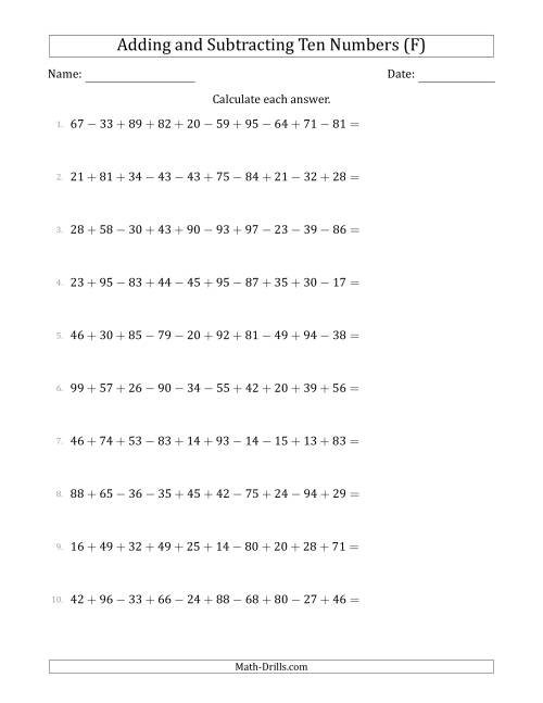 The Adding and Subtracting Ten Numbers Horizontally (Range 10 to 99) (F) Math Worksheet