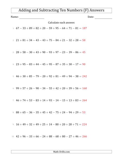 The Adding and Subtracting Ten Numbers Horizontally (Range 10 to 99) (F) Math Worksheet Page 2