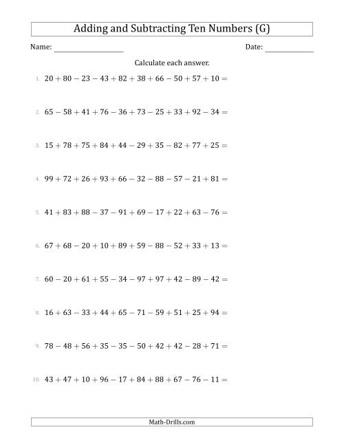 The Adding and Subtracting Ten Numbers Horizontally (Range 10 to 99) (G) Math Worksheet