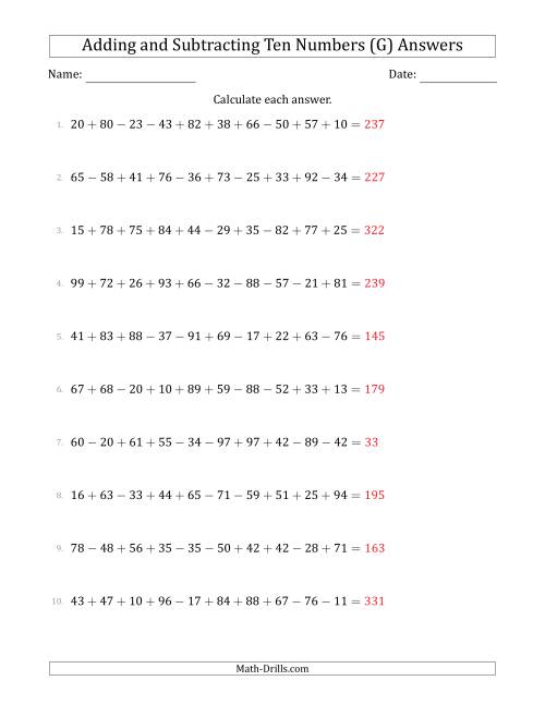 The Adding and Subtracting Ten Numbers Horizontally (Range 10 to 99) (G) Math Worksheet Page 2