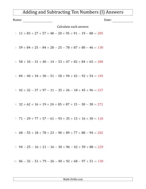 The Adding and Subtracting Ten Numbers Horizontally (Range 10 to 99) (I) Math Worksheet Page 2