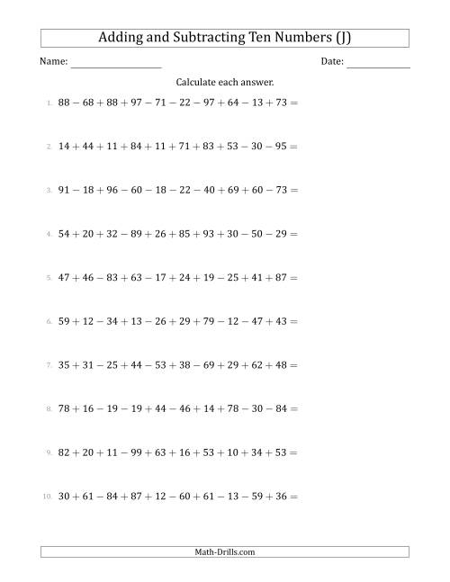 The Adding and Subtracting Ten Numbers Horizontally (Range 10 to 99) (J) Math Worksheet