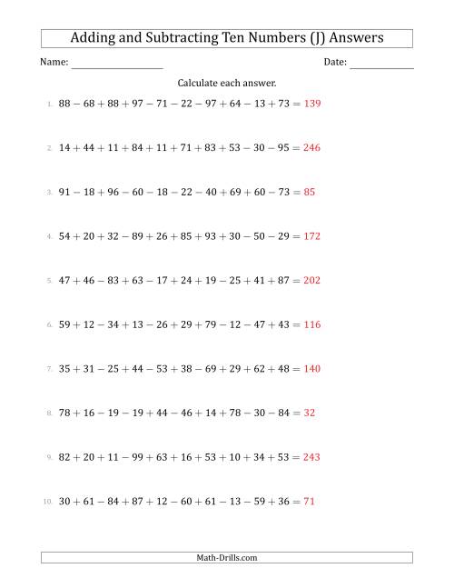 The Adding and Subtracting Ten Numbers Horizontally (Range 10 to 99) (J) Math Worksheet Page 2
