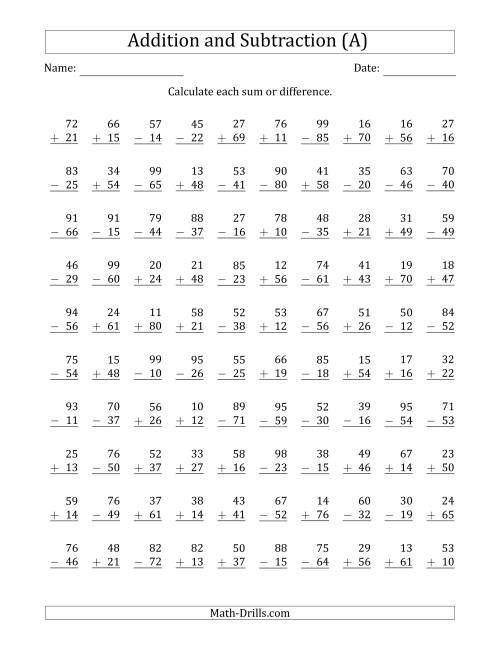 The 100 Two-Digit Addition and Subtraction Questions with Sums/Minuends to 99 (A) Math Worksheet
