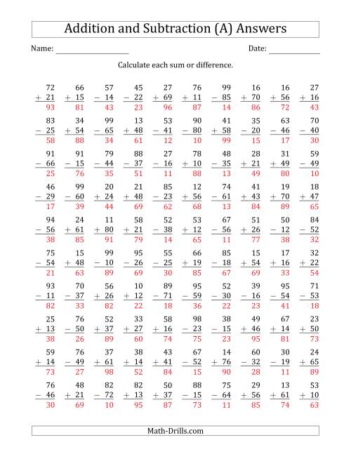 The 100 Two-Digit Addition and Subtraction Questions with Sums/Minuends to 99 (A) Math Worksheet Page 2