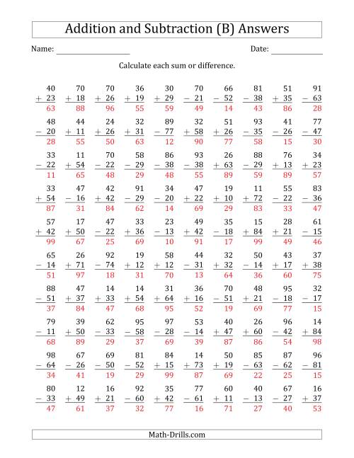 The 100 Two-Digit Addition and Subtraction Questions with Sums/Minuends to 99 (B) Math Worksheet Page 2