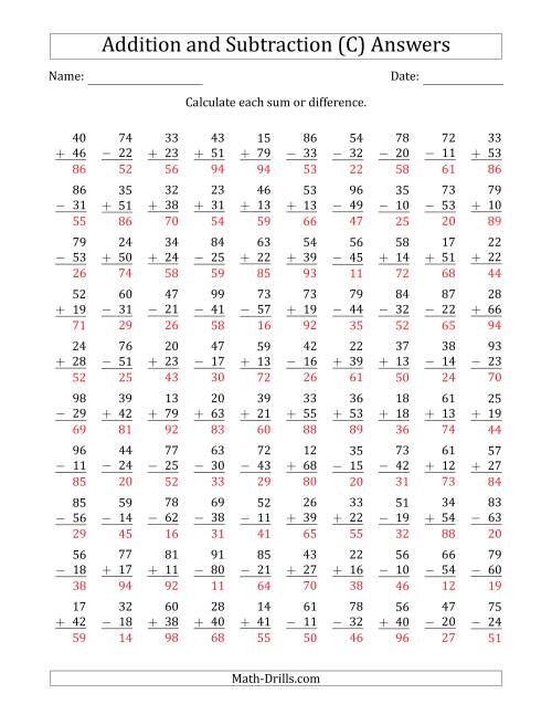 The 100 Two-Digit Addition and Subtraction Questions with Sums/Minuends to 99 (C) Math Worksheet Page 2