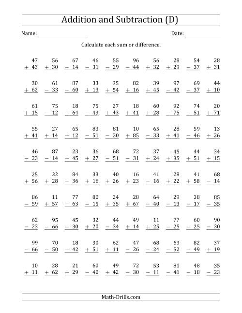 The 100 Two-Digit Addition and Subtraction Questions with Sums/Minuends to 99 (D) Math Worksheet