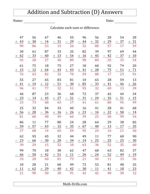 The 100 Two-Digit Addition and Subtraction Questions with Sums/Minuends to 99 (D) Math Worksheet Page 2