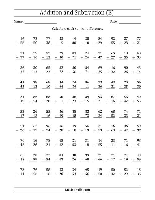 The 100 Two-Digit Addition and Subtraction Questions with Sums/Minuends to 99 (E) Math Worksheet