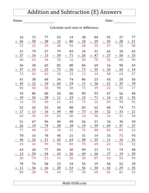 The 100 Two-Digit Addition and Subtraction Questions with Sums/Minuends to 99 (E) Math Worksheet Page 2