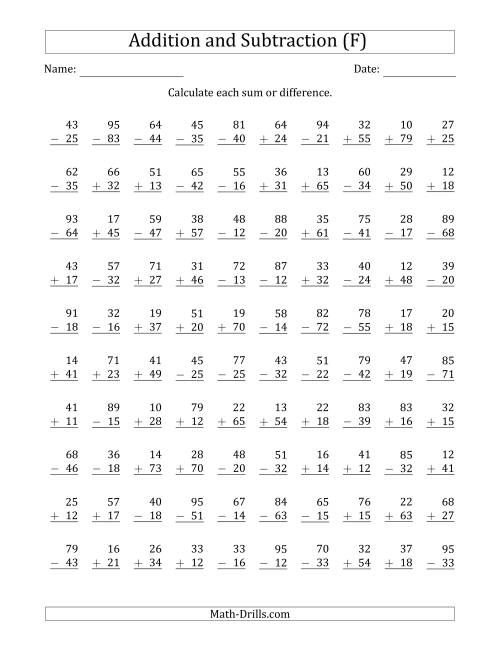 The 100 Two-Digit Addition and Subtraction Questions with Sums/Minuends to 99 (F) Math Worksheet
