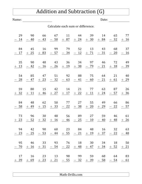 The 100 Two-Digit Addition and Subtraction Questions with Sums/Minuends to 99 (G) Math Worksheet