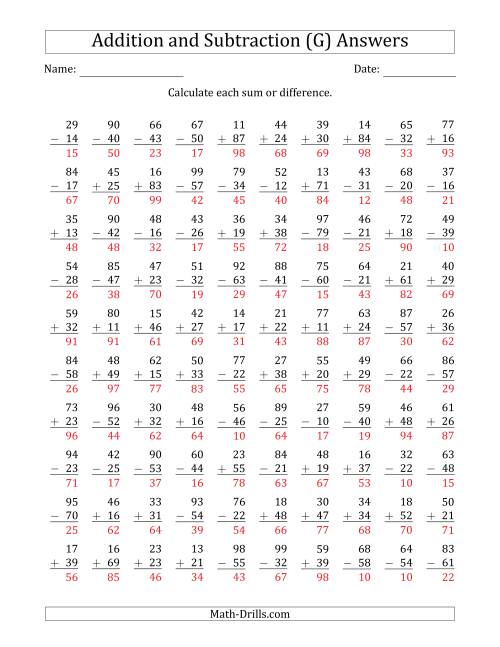 The 100 Two-Digit Addition and Subtraction Questions with Sums/Minuends to 99 (G) Math Worksheet Page 2