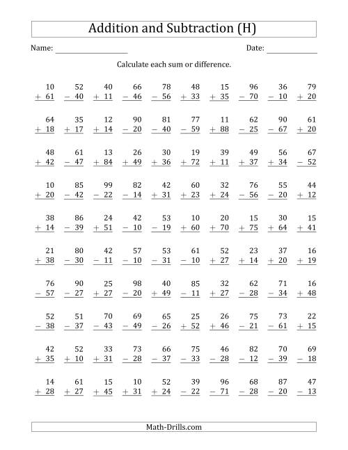 The 100 Two-Digit Addition and Subtraction Questions with Sums/Minuends to 99 (H) Math Worksheet
