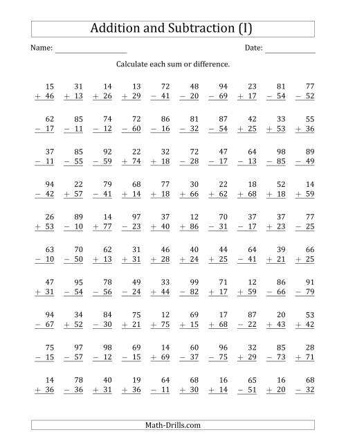 The 100 Two-Digit Addition and Subtraction Questions with Sums/Minuends to 99 (I) Math Worksheet