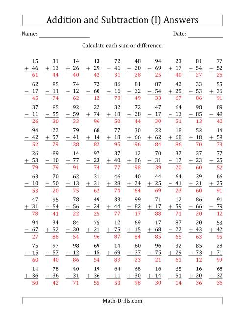 The 100 Two-Digit Addition and Subtraction Questions with Sums/Minuends to 99 (I) Math Worksheet Page 2