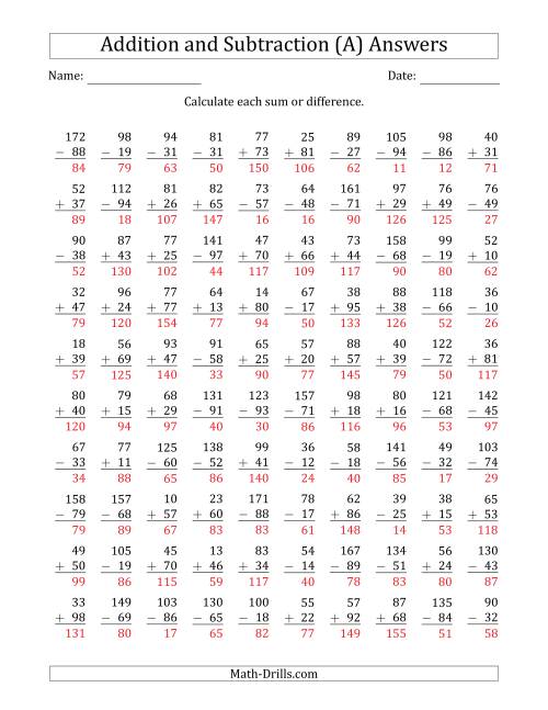 The 100 Two-Digit Addition and Subtraction Questions with Sums/Minuends to 198 (A) Math Worksheet Page 2