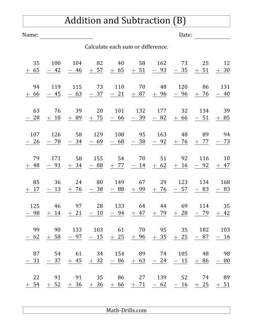 The 100 Two-Digit Addition and Subtraction Questions with Sums/Minuends to 198 (B) Math Worksheet