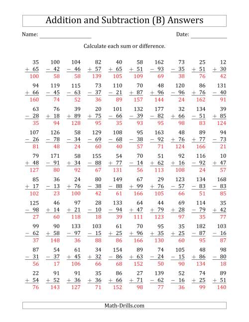 The 100 Two-Digit Addition and Subtraction Questions with Sums/Minuends to 198 (B) Math Worksheet Page 2