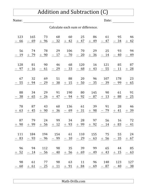 The 100 Two-Digit Addition and Subtraction Questions with Sums/Minuends to 198 (C) Math Worksheet