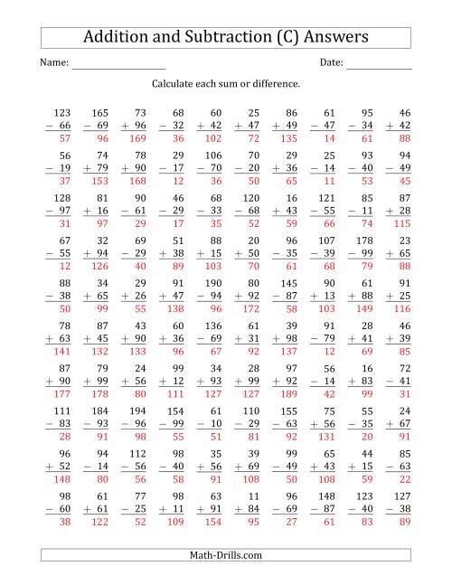 The 100 Two-Digit Addition and Subtraction Questions with Sums/Minuends to 198 (C) Math Worksheet Page 2
