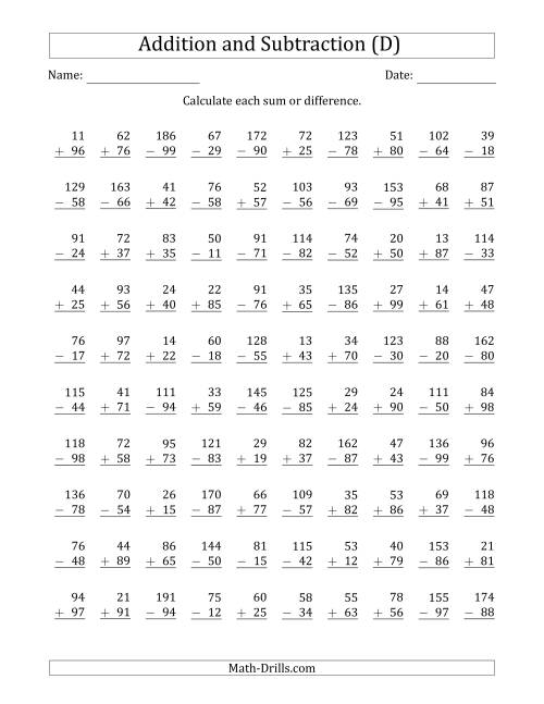 The 100 Two-Digit Addition and Subtraction Questions with Sums/Minuends to 198 (D) Math Worksheet