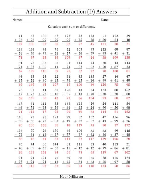 The 100 Two-Digit Addition and Subtraction Questions with Sums/Minuends to 198 (D) Math Worksheet Page 2