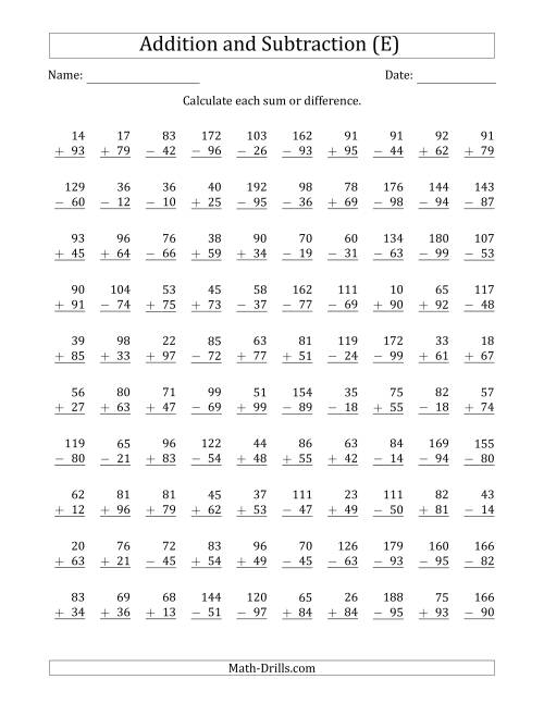 The 100 Two-Digit Addition and Subtraction Questions with Sums/Minuends to 198 (E) Math Worksheet