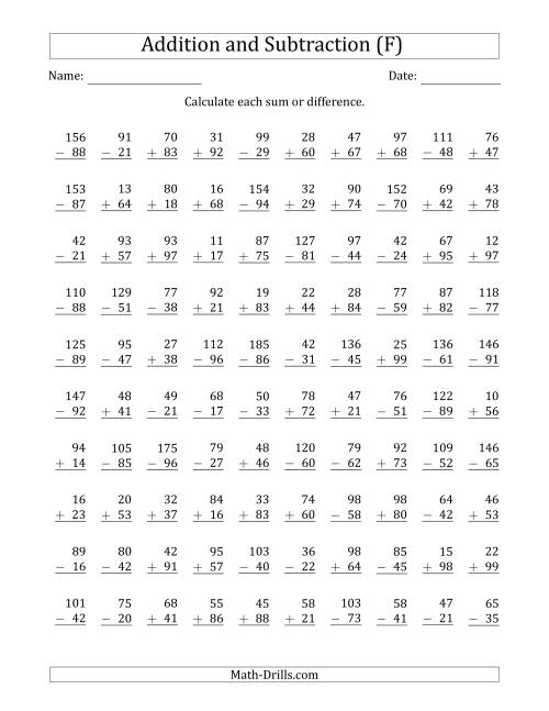 The 100 Two-Digit Addition and Subtraction Questions with Sums/Minuends to 198 (F) Math Worksheet
